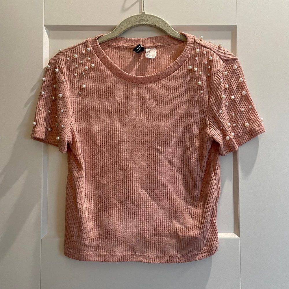 H&M Pearl Embellished Ribbed Top